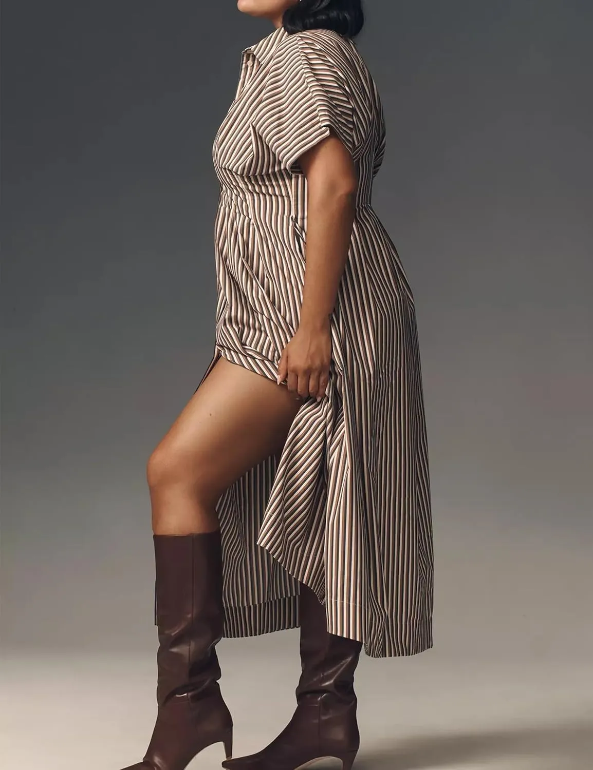 Women’s Button Front Pleated Shirt Maxi Dress Short Sleeve Collar Striped Summer Casual Long Swing Blouse Dress