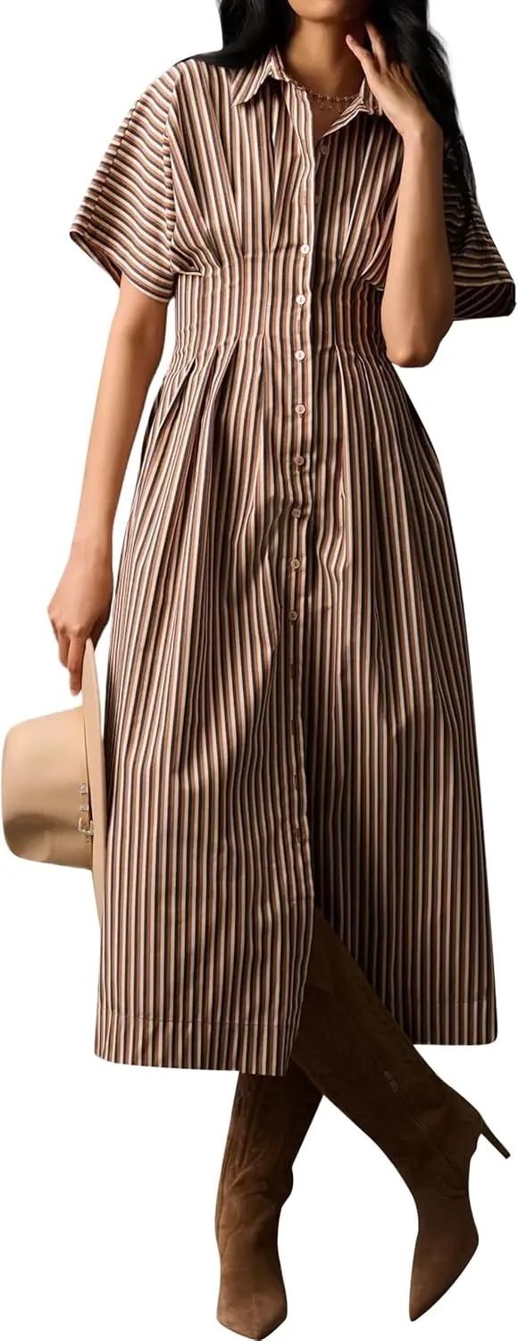 Women’s Button Front Pleated Shirt Maxi Dress Short Sleeve Collar Striped Summer Casual Long Swing Blouse Dress