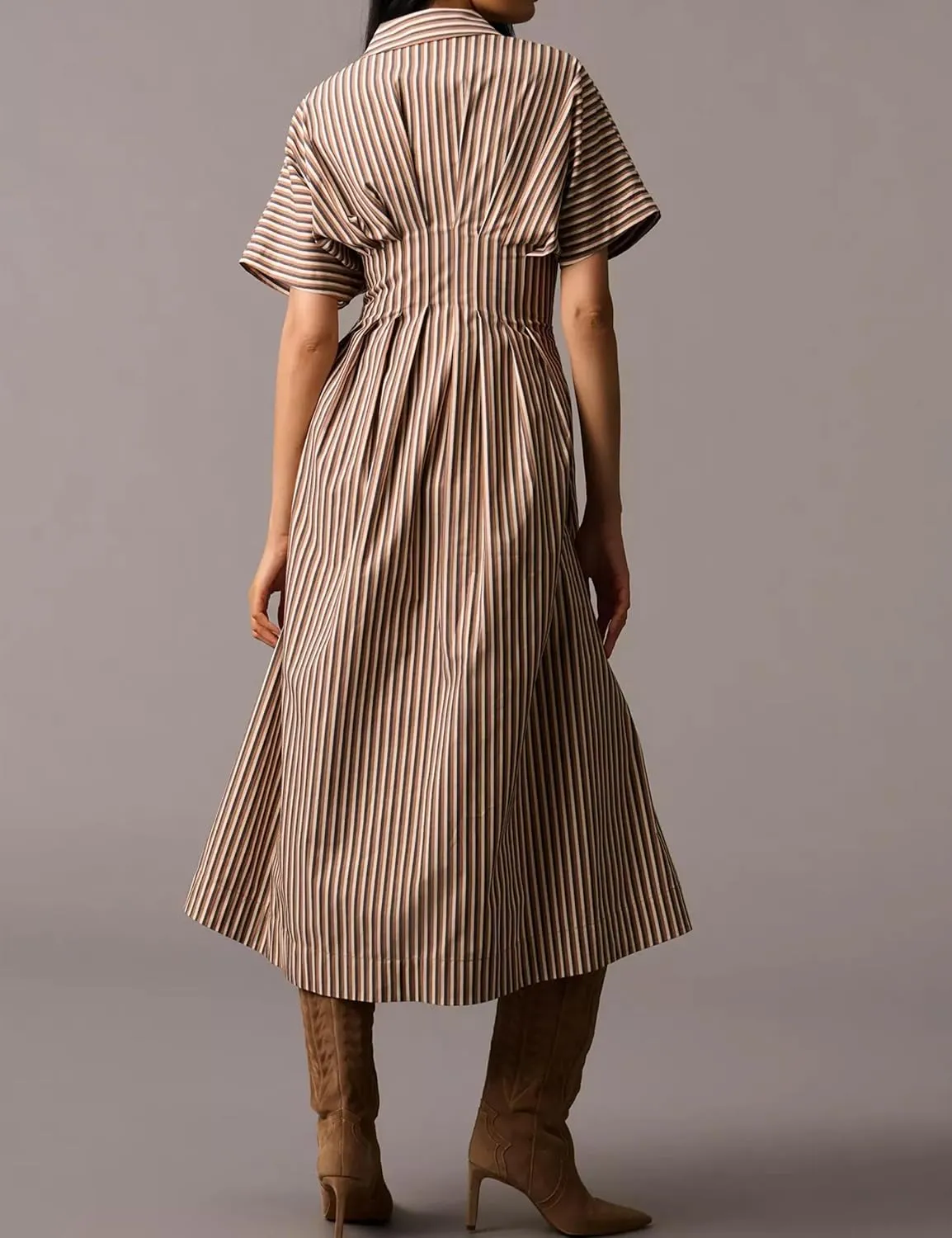 Women’s Button Front Pleated Shirt Maxi Dress Short Sleeve Collar Striped Summer Casual Long Swing Blouse Dress