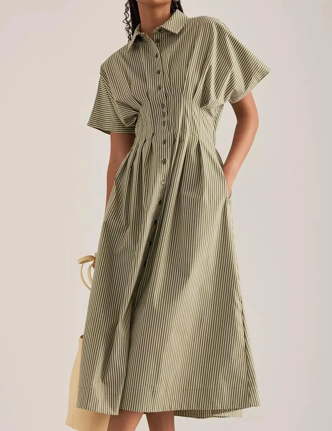 Women’s Button Front Pleated Shirt Maxi Dress Short Sleeve Collar Striped Summer Casual Long Swing Blouse Dress