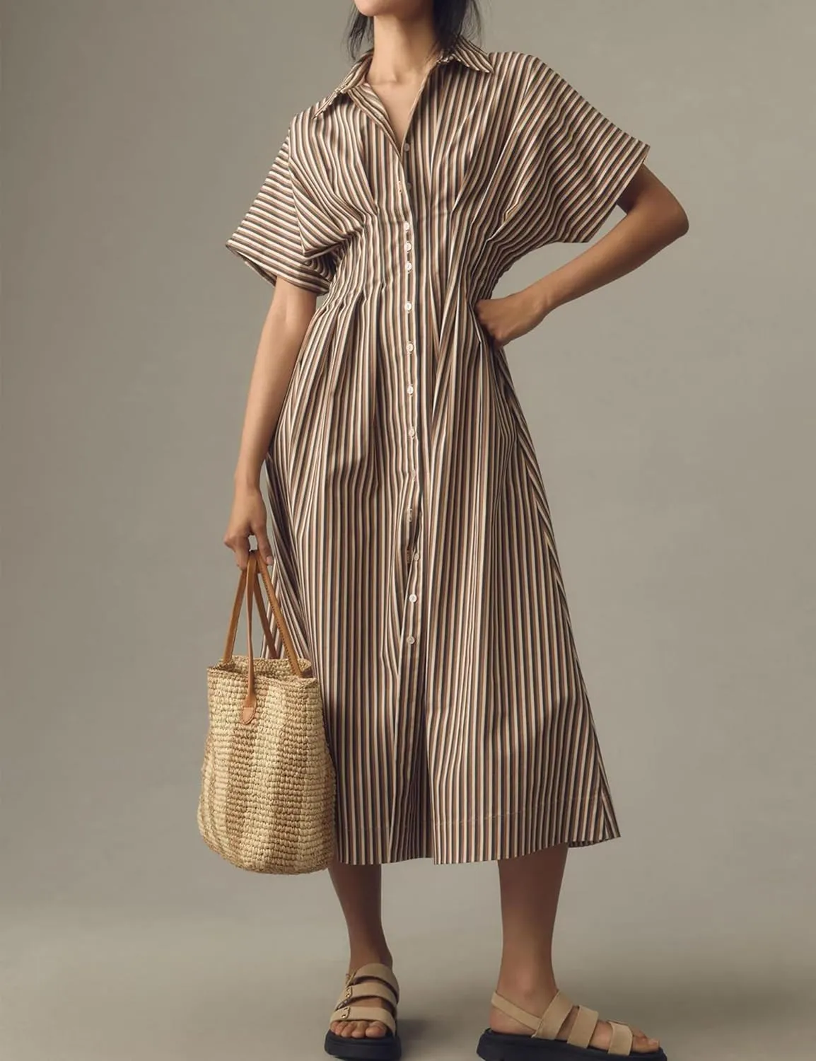 Women’s Button Front Pleated Shirt Maxi Dress Short Sleeve Collar Striped Summer Casual Long Swing Blouse Dress