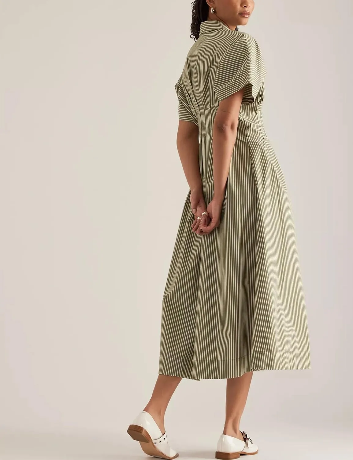 Women’s Button Front Pleated Shirt Maxi Dress Short Sleeve Collar Striped Summer Casual Long Swing Blouse Dress