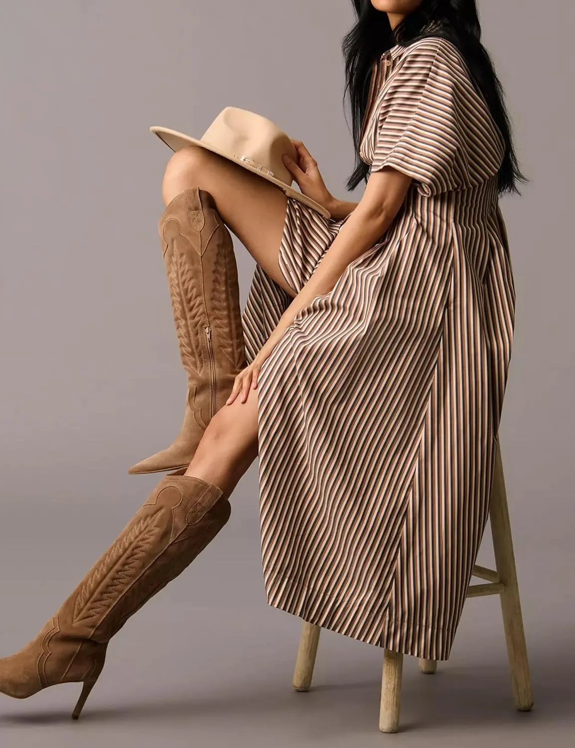 Women’s Button Front Pleated Shirt Maxi Dress Short Sleeve Collar Striped Summer Casual Long Swing Blouse Dress