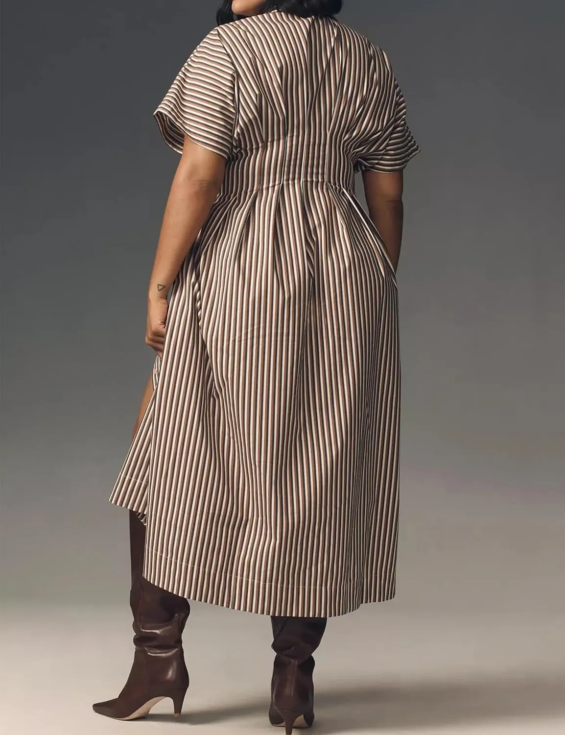 Women’s Button Front Pleated Shirt Maxi Dress Short Sleeve Collar Striped Summer Casual Long Swing Blouse Dress