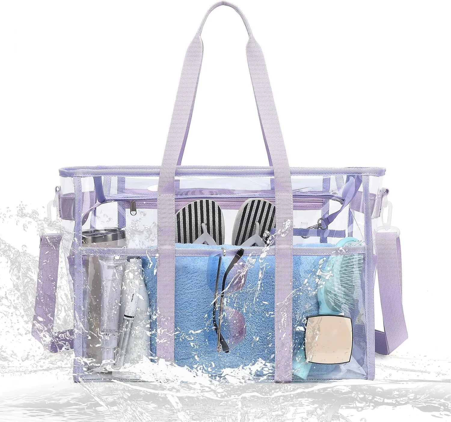 Women's Clear Beach Bag with Detachable Phone Pouch - Foldable, Waterproof Clear Tote Bags for Beach, Pool, Stadium