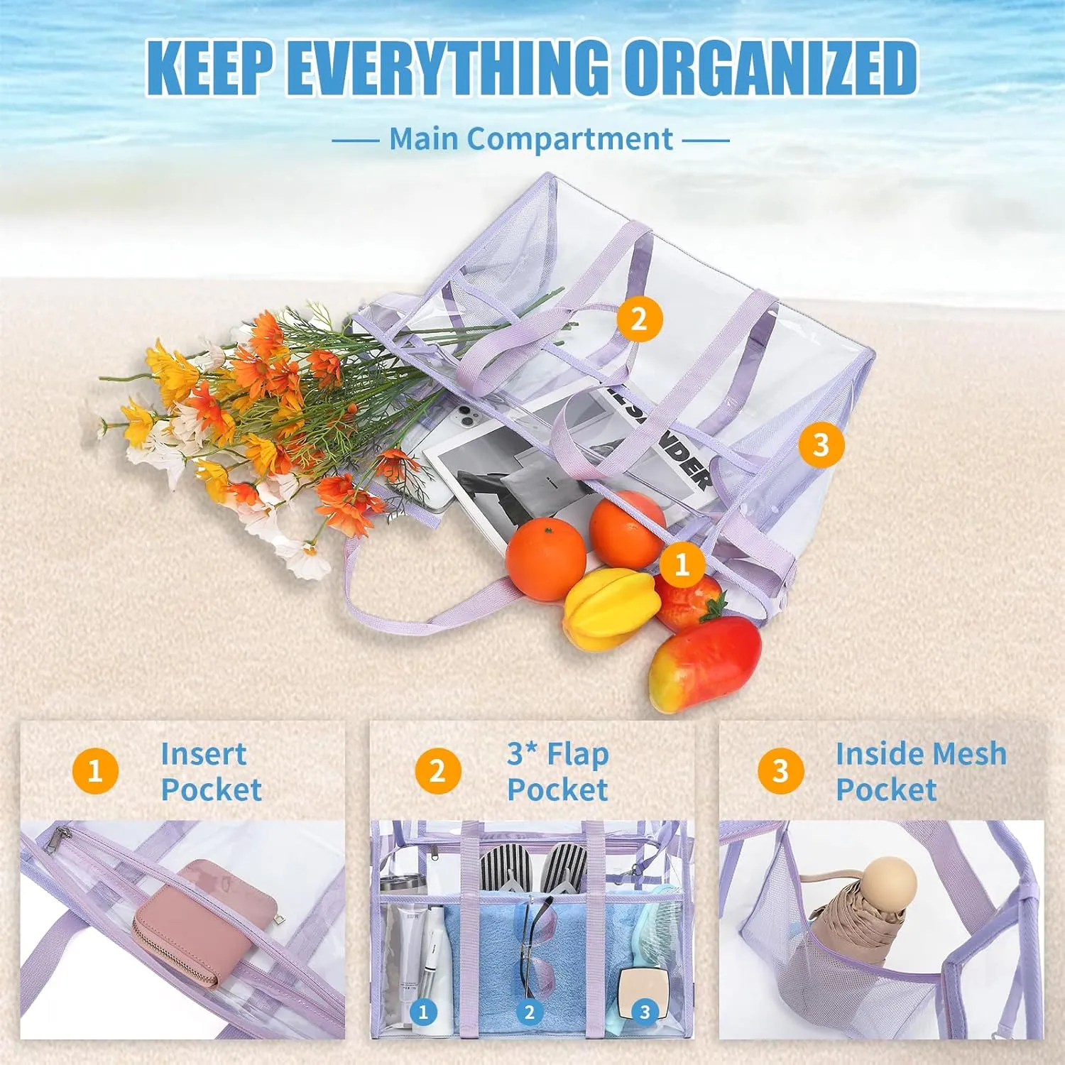 Women's Clear Beach Bag with Detachable Phone Pouch - Foldable, Waterproof Clear Tote Bags for Beach, Pool, Stadium