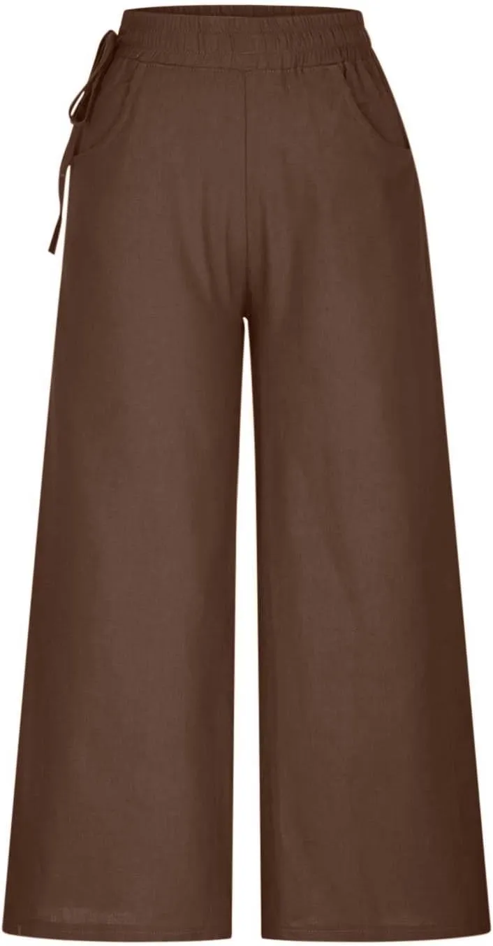 Womens Cotton Linen Pants Casual 2025 Wide Leg Palazzo Pants High Waist Solid Loose Plus Size Trouser with Pockets