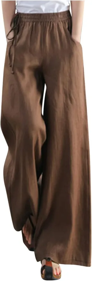 Womens Cotton Linen Pants Casual 2025 Wide Leg Palazzo Pants High Waist Solid Loose Plus Size Trouser with Pockets
