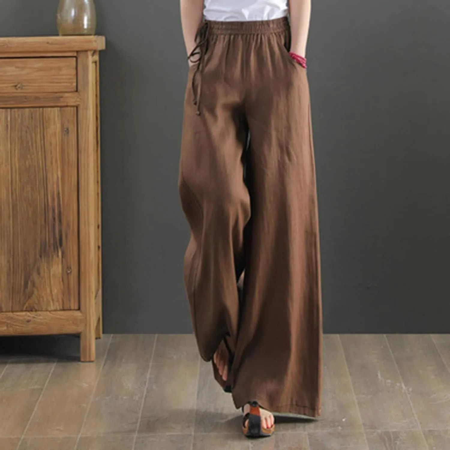 Womens Cotton Linen Pants Casual 2025 Wide Leg Palazzo Pants High Waist Solid Loose Plus Size Trouser with Pockets