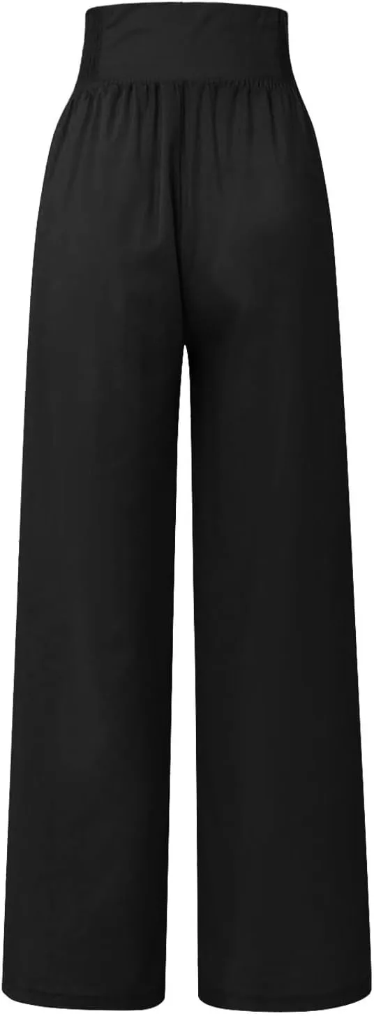 Women's Cotton Linen Pants,Summer Wide Leg Casual Button Elastic High Waist Palazzo Trousers