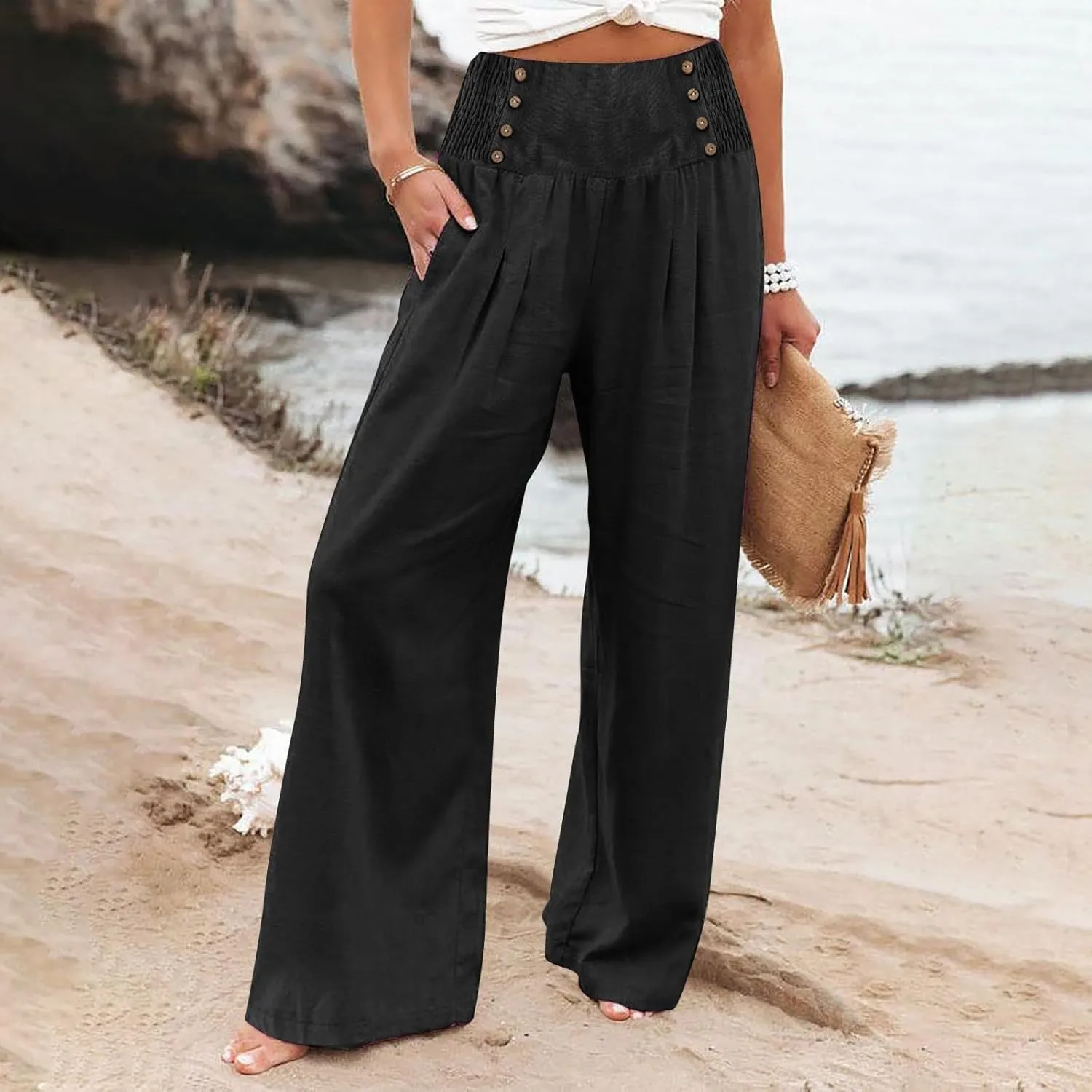Women's Cotton Linen Pants,Summer Wide Leg Casual Button Elastic High Waist Palazzo Trousers