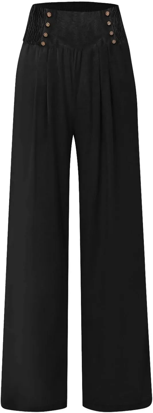 Women's Cotton Linen Pants,Summer Wide Leg Casual Button Elastic High Waist Palazzo Trousers