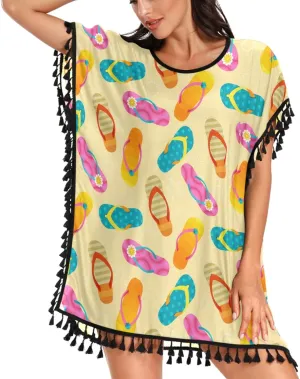 Womens Girls Colors Slippers Chiffon Tassel Bikini Swimwear Beach Bathing Suit Cover up