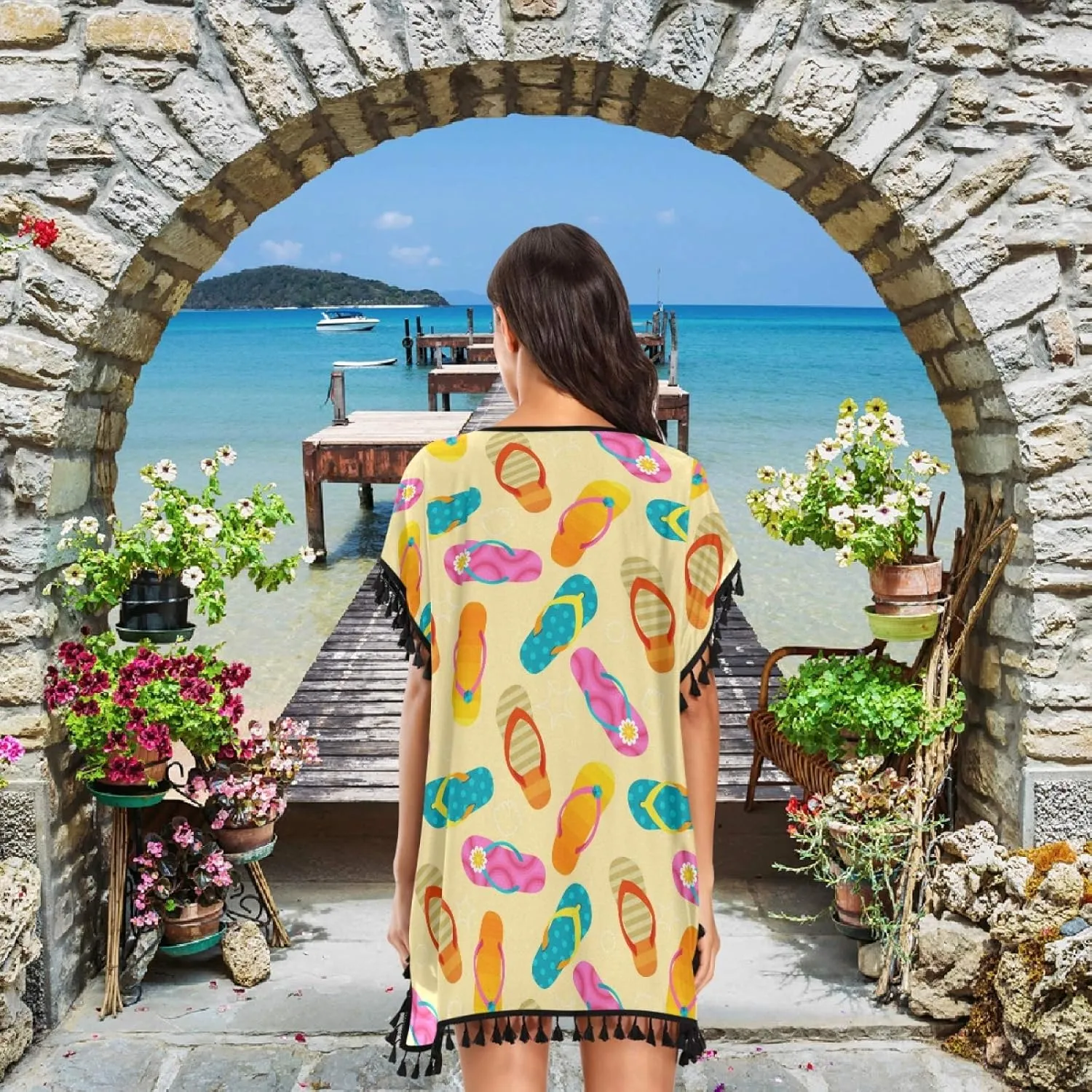 Womens Girls Colors Slippers Chiffon Tassel Bikini Swimwear Beach Bathing Suit Cover up