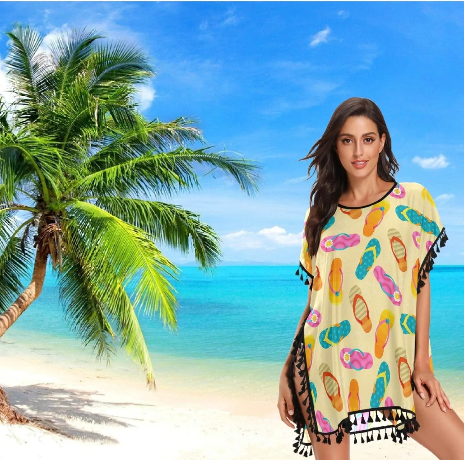 Womens Girls Colors Slippers Chiffon Tassel Bikini Swimwear Beach Bathing Suit Cover up
