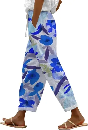 Womens Linen Summer Capri Pants Capri Pants with Pockets Wide Leg Cropped Pants for Women Comfy Loose Summer Beach
