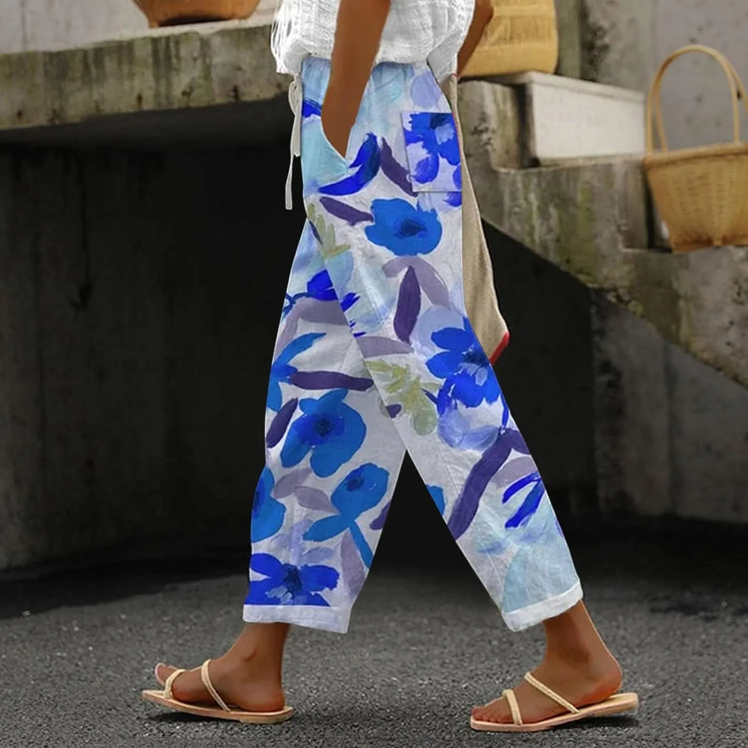 Womens Linen Summer Capri Pants Capri Pants with Pockets Wide Leg Cropped Pants for Women Comfy Loose Summer Beach