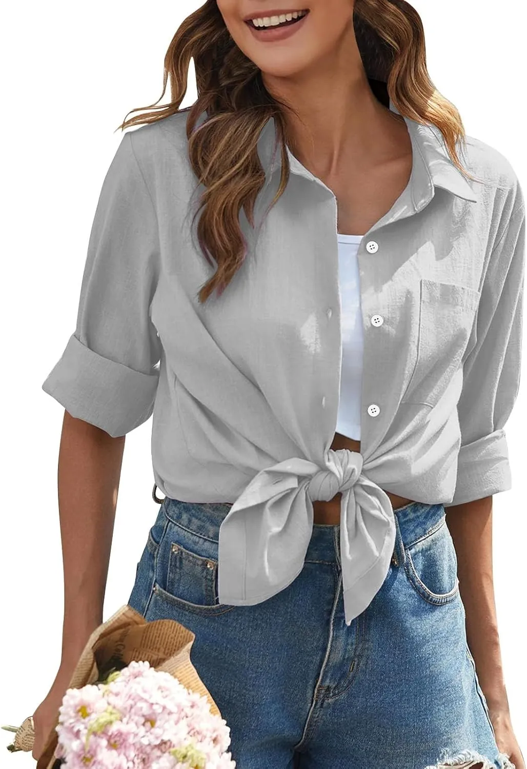 Womens Long Sleeve Button Down Women's Retro Floral Art Print Casual Long Sleeve Loose Fit Casual V-Neck Tops Linen