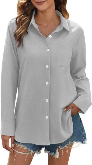 Womens Long Sleeve Button Down Women's Retro Floral Art Print Casual Long Sleeve Loose Fit Casual V-Neck Tops Linen