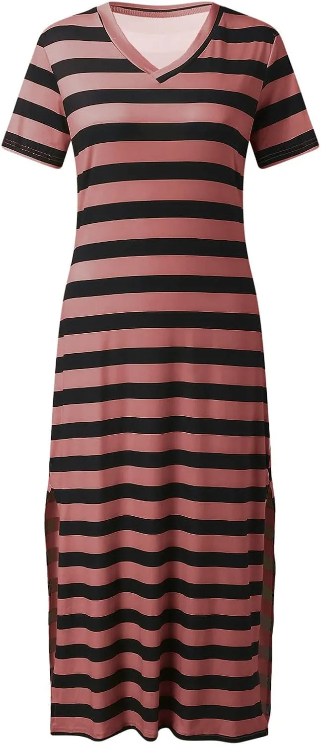 Women's Short Sleeve Comfortable Beach Dresses Striped Grahpic Design Sundress Split Casual Clothes
