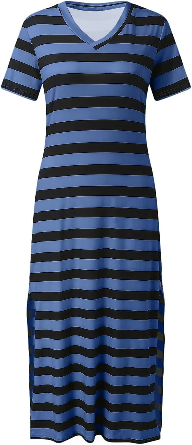 Women's Short Sleeve Comfortable Beach Dresses Striped Grahpic Design Sundress Split Casual Clothes