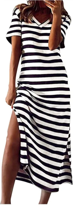 Women's Short Sleeve Comfortable Beach Dresses Striped Grahpic Design Sundress Split Casual Clothes