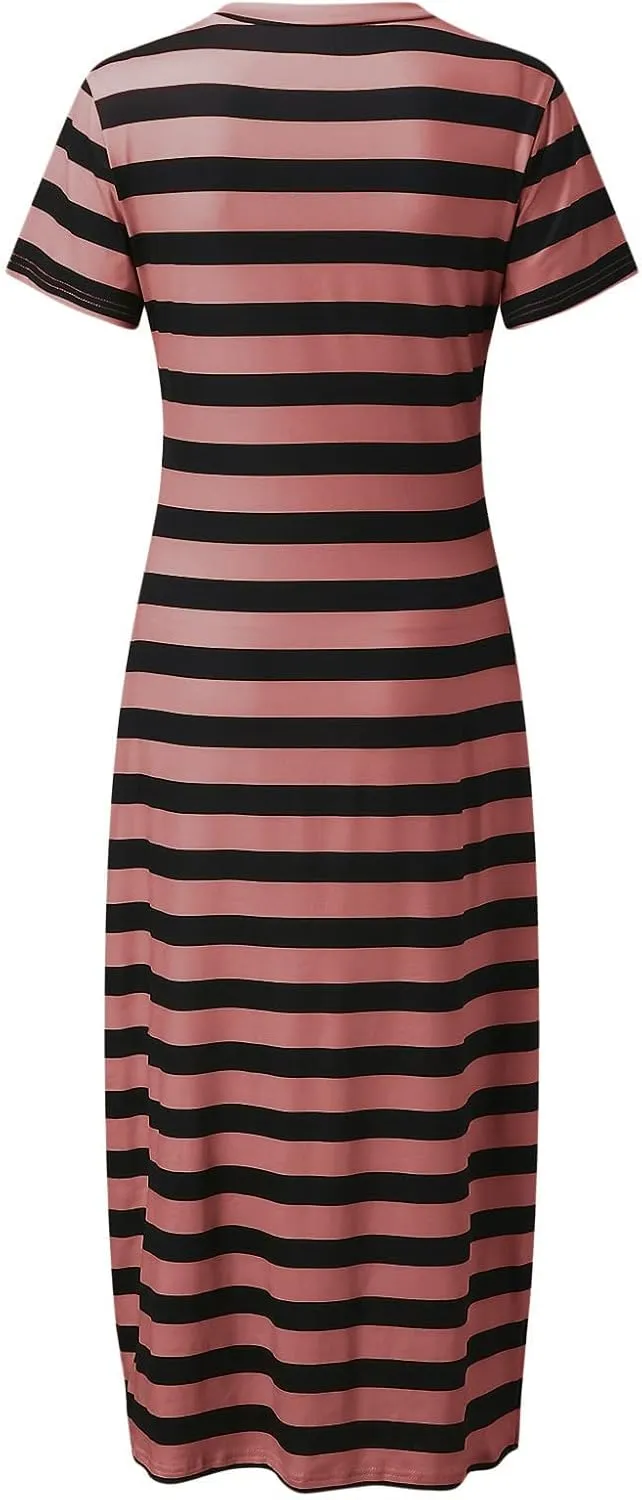 Women's Short Sleeve Comfortable Beach Dresses Striped Grahpic Design Sundress Split Casual Clothes