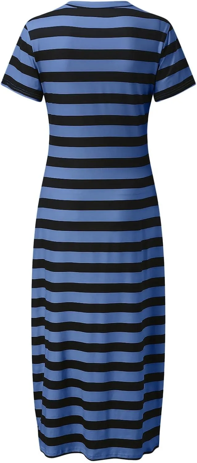 Women's Short Sleeve Comfortable Beach Dresses Striped Grahpic Design Sundress Split Casual Clothes
