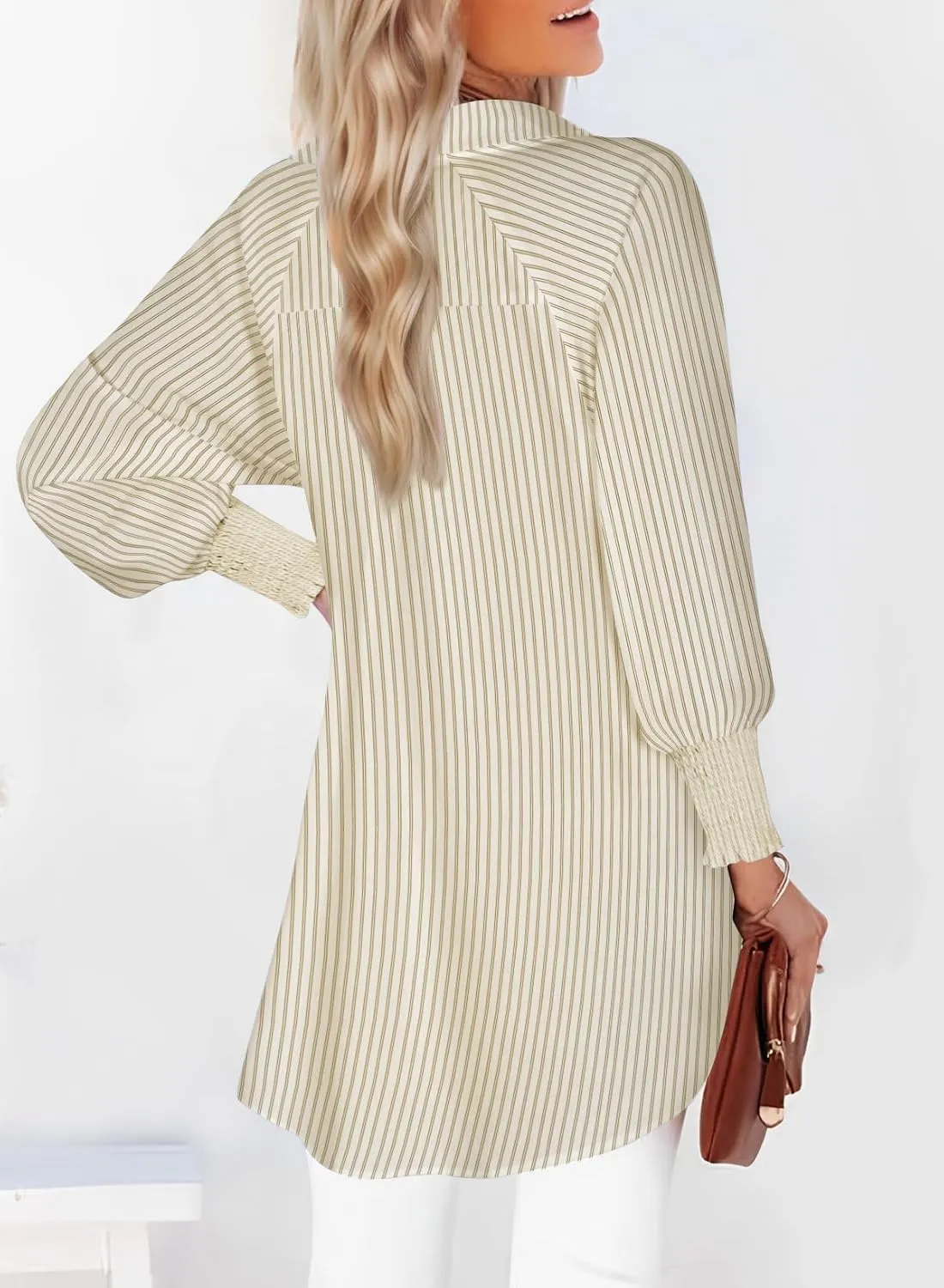 Womens Smocked Cuffed Striped Boyfriend Shirt Casual Collar Long Sleeve Oversized Button Down Blouse Tops with Pocket Shirred