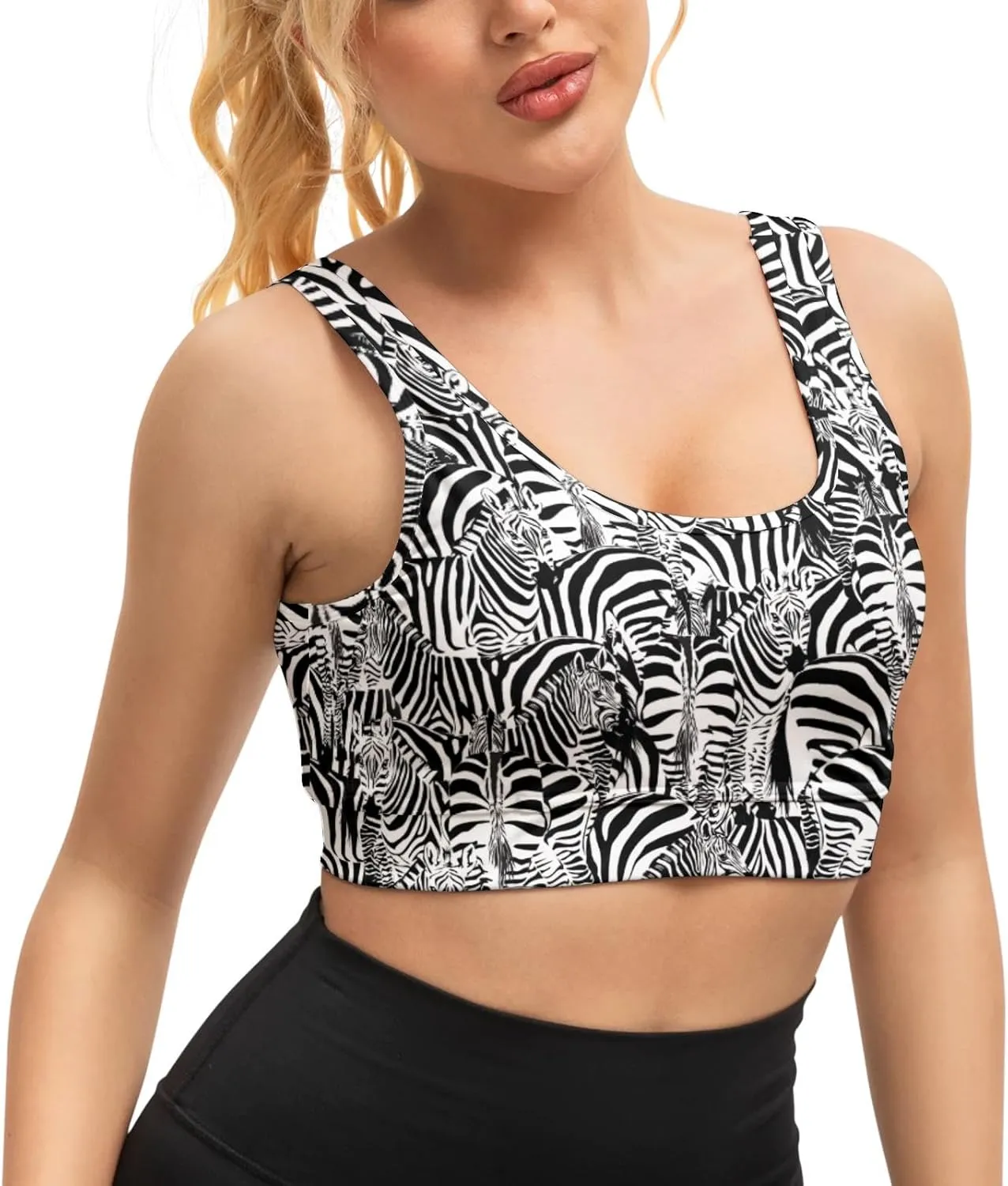 Women's Sports Bra Funny Print Workout Running Tops Scoop Neck Padded Yoga Bras Athletic Swim Crop Top for Women