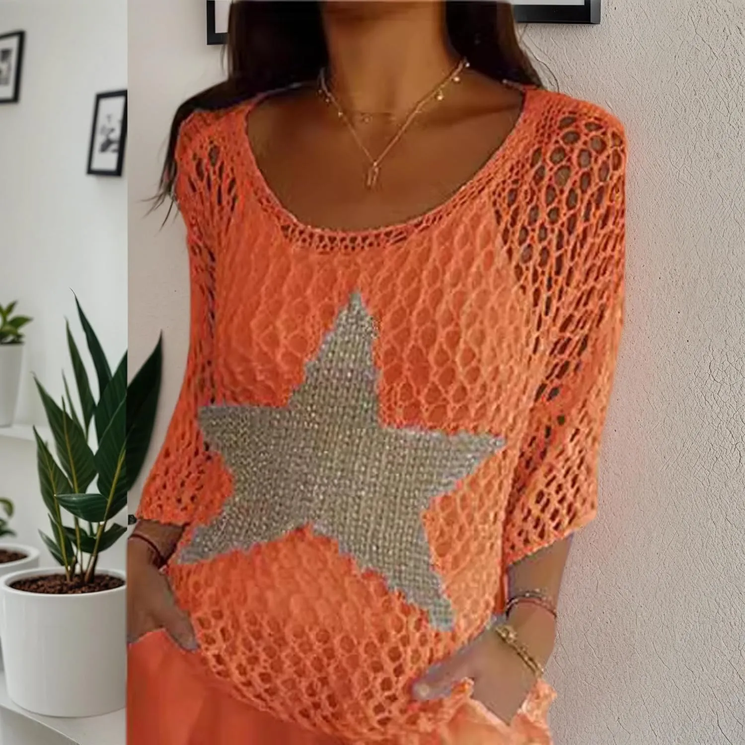 Women's Star Long Sleeve Crochet Knitted Sweater Hollow Out Striped Tops Beach Vacation Cruise Outfits