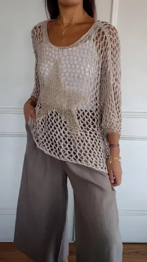 Women's Star Long Sleeve Crochet Knitted Sweater Hollow Out Striped Tops Beach Vacation Cruise Outfits