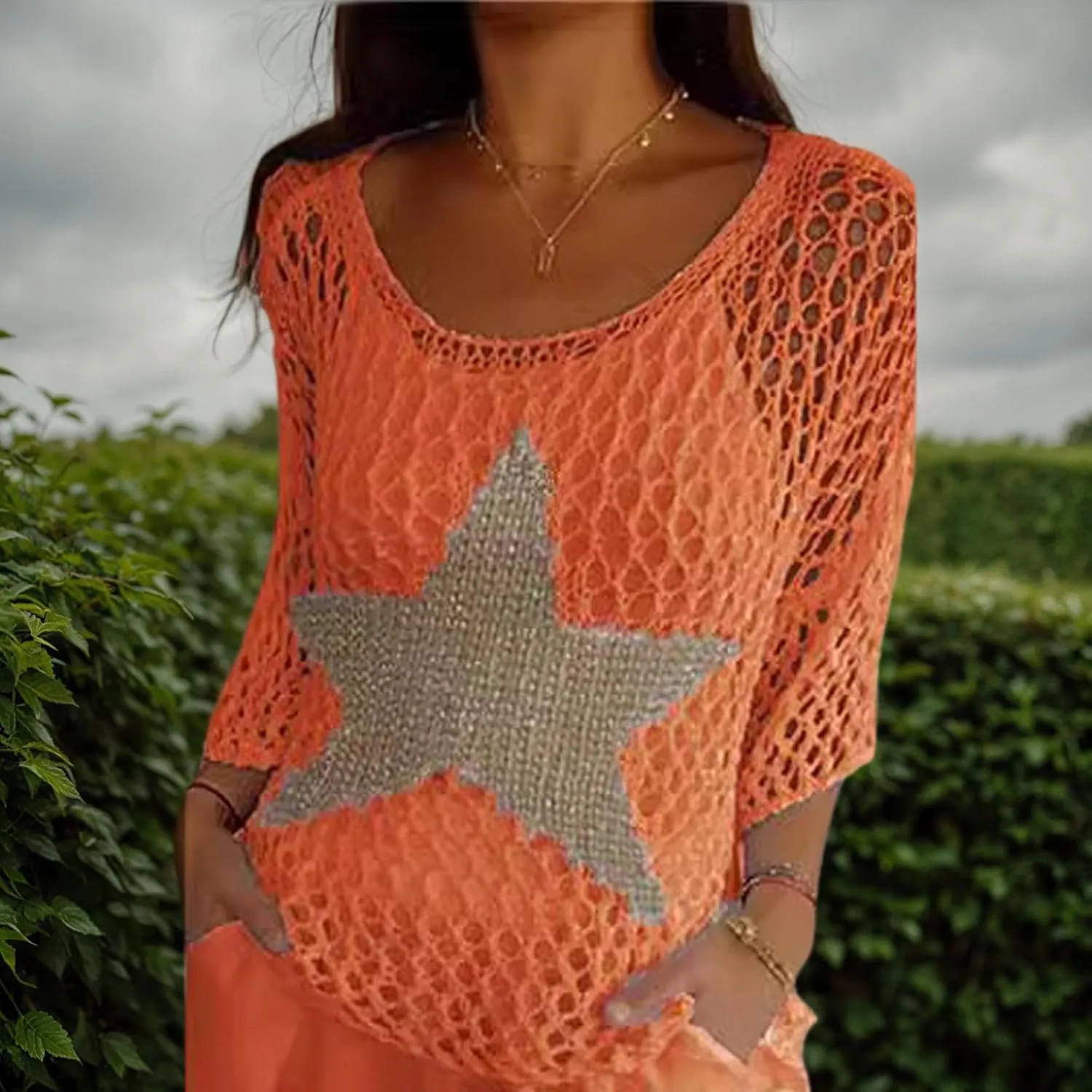 Women's Star Long Sleeve Crochet Knitted Sweater Hollow Out Striped Tops Beach Vacation Cruise Outfits