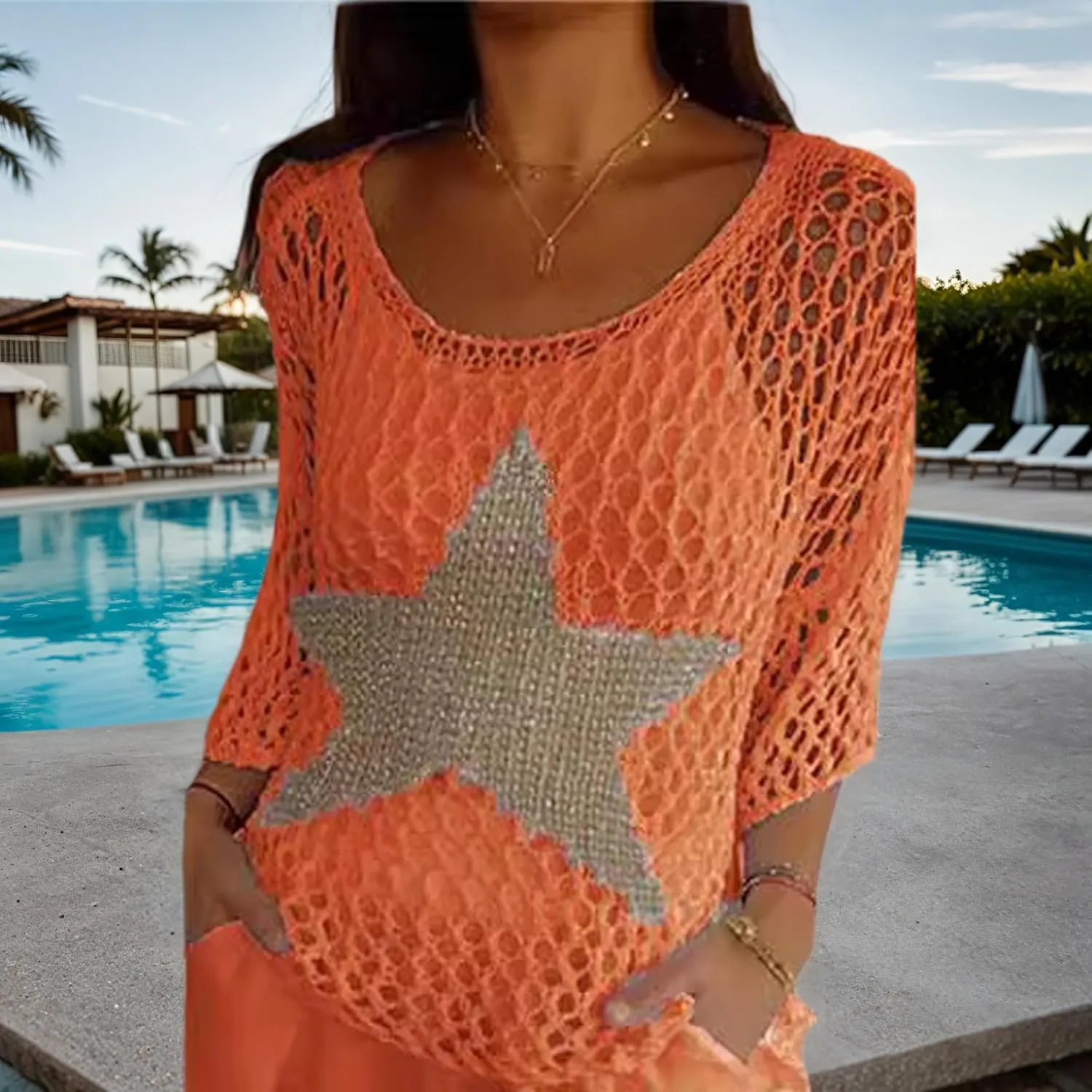 Women's Star Long Sleeve Crochet Knitted Sweater Hollow Out Striped Tops Beach Vacation Cruise Outfits