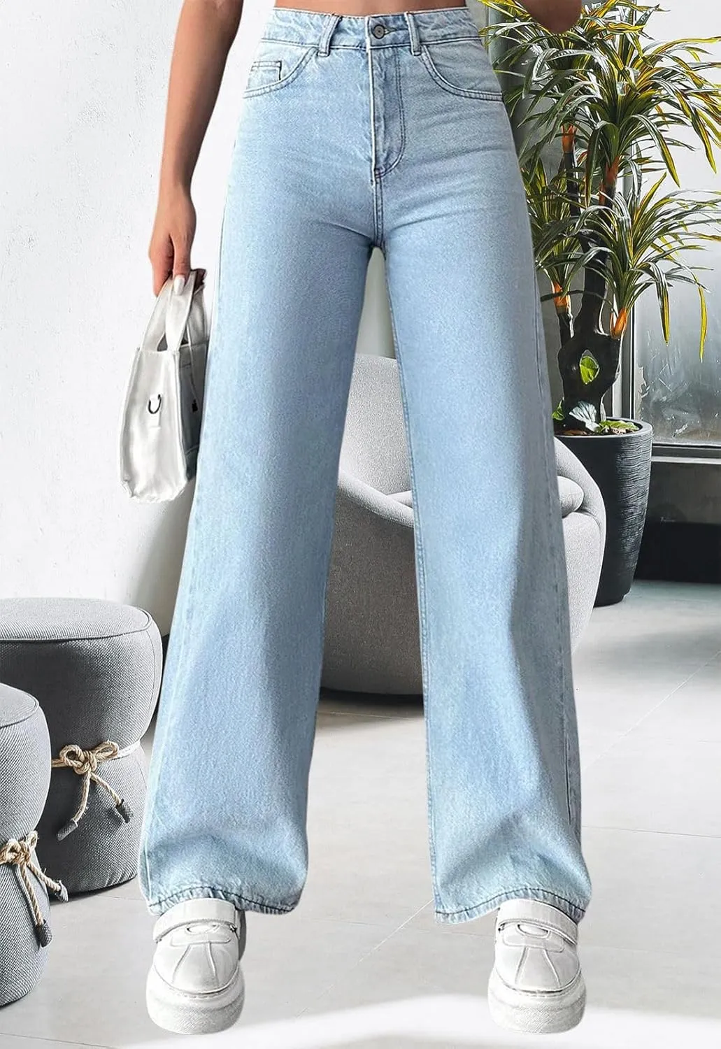 Women's Straight Leg High Waist Baggy Denim Jeans Loose Boyfriend Casual Stretchy Jeans