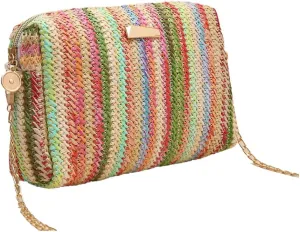 Women’s Straw Tote Bag Rainbow Striped Casual Beach Shoulder Bag Summer Vacation Straw Crossbody Bag Purse 2024