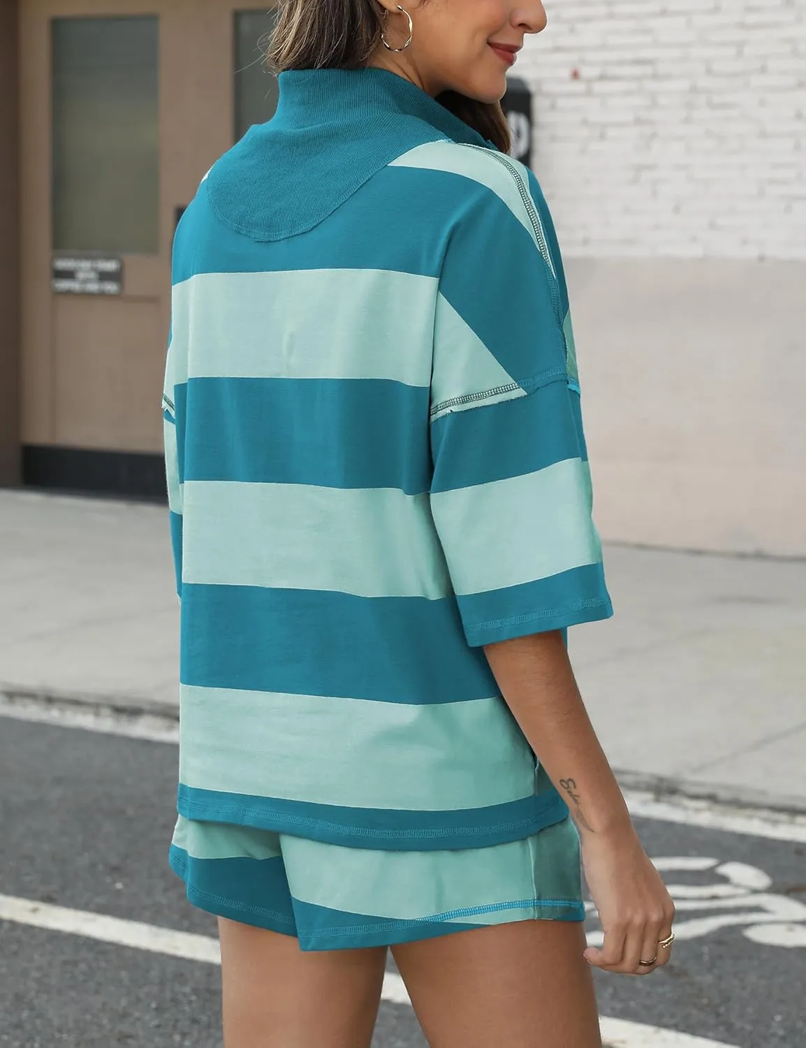 Women's Striped 2 Piece Outfits Oversized Lounge Set Summer Workout Sets Top and Shorts with Pockets
