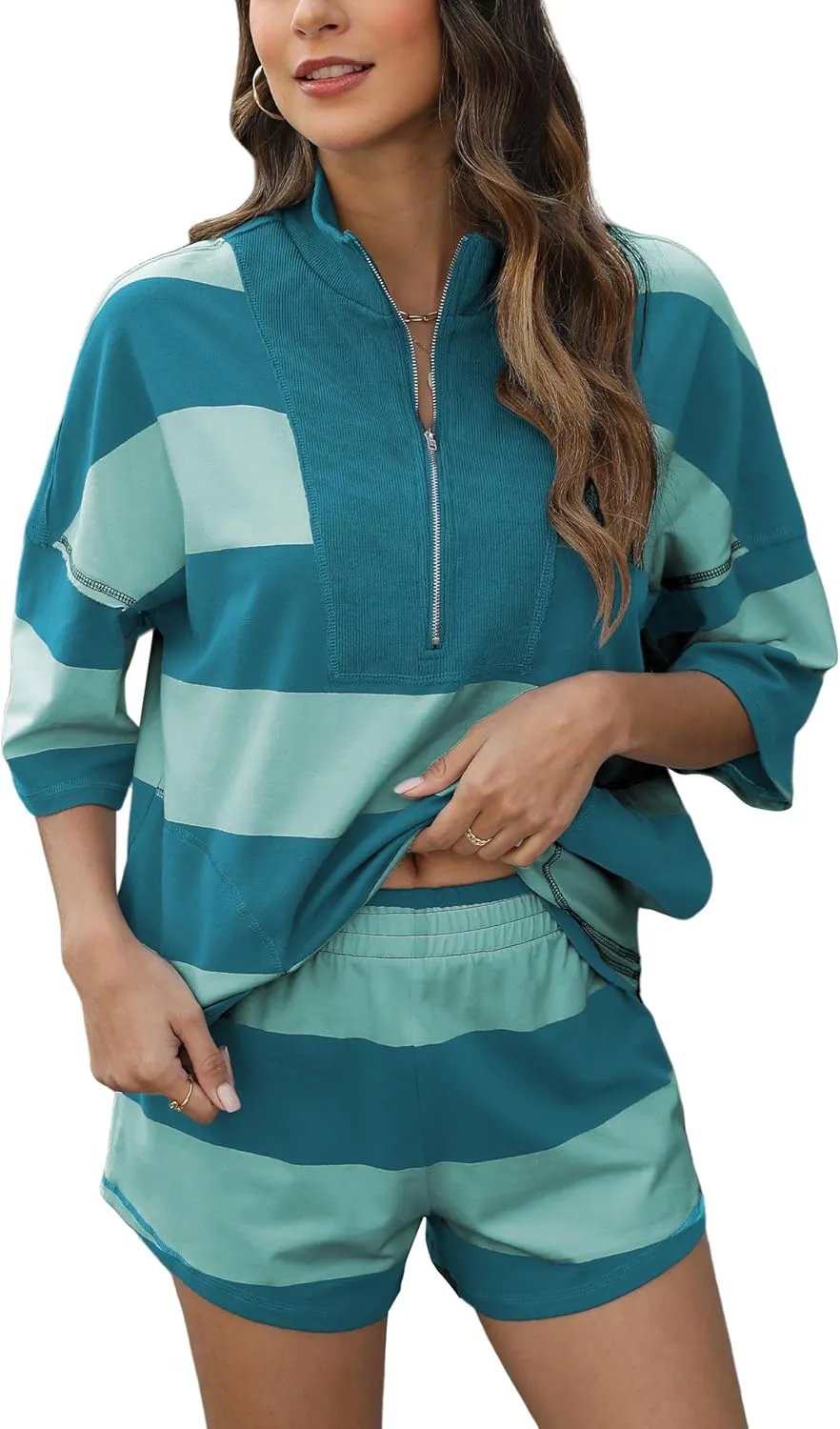 Women's Striped 2 Piece Outfits Oversized Lounge Set Summer Workout Sets Top and Shorts with Pockets