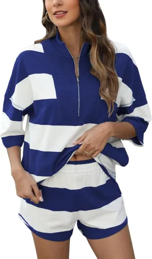 Women's Striped 2 Piece Outfits Oversized Lounge Set Summer Workout Sets Top and Shorts with Pockets