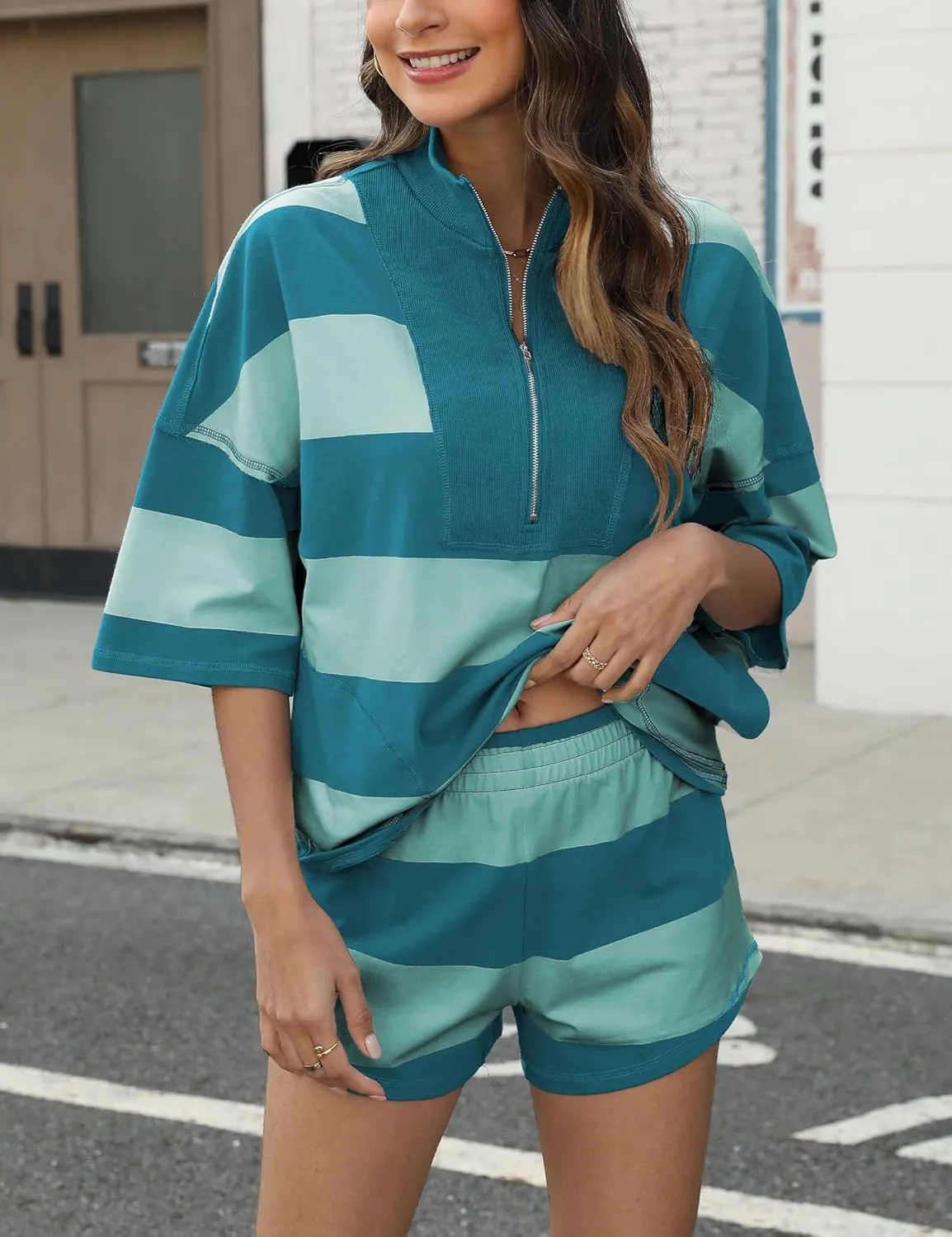 Women's Striped 2 Piece Outfits Oversized Lounge Set Summer Workout Sets Top and Shorts with Pockets