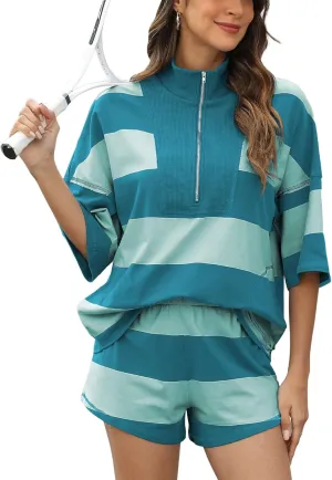 Women's Striped 2 Piece Outfits Oversized Lounge Set Summer Workout Sets Top and Shorts with Pockets