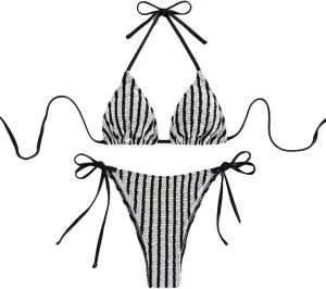 Women's Striped Halter Bathing Suit High Waisted Triangle Colorblock Swimsuit Bikini Set