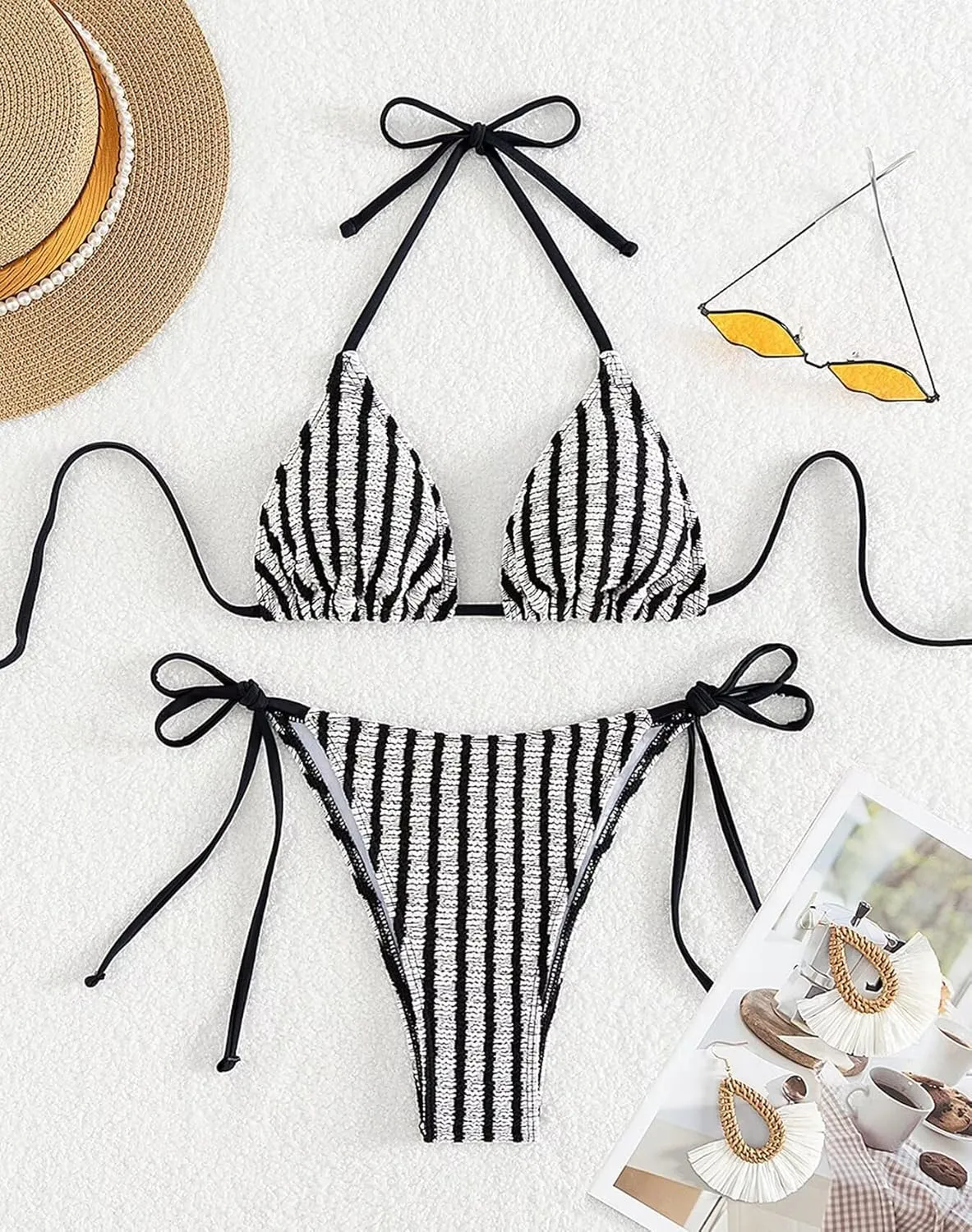 Women's Striped Halter Bathing Suit High Waisted Triangle Colorblock Swimsuit Bikini Set