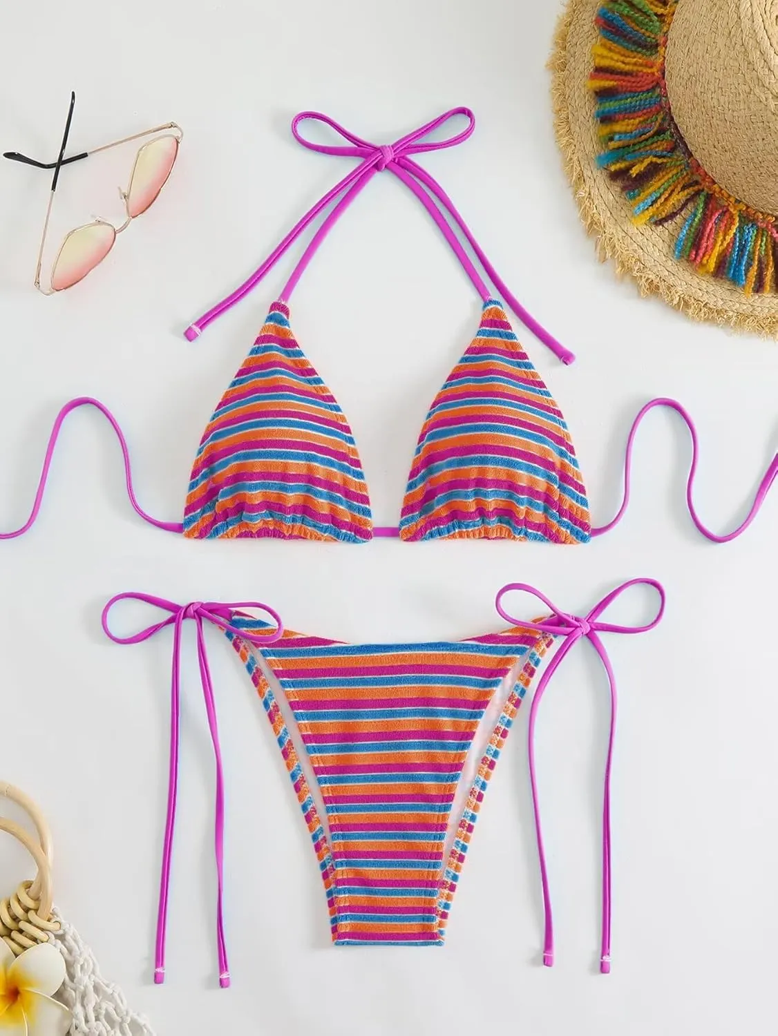 Women's Striped Knot Bathing Suit High Waisted Halter Triangle Swimsuit Bikini Set