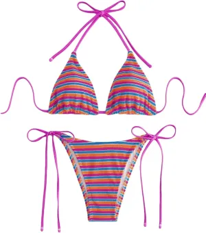 Women's Striped Knot Bathing Suit High Waisted Halter Triangle Swimsuit Bikini Set