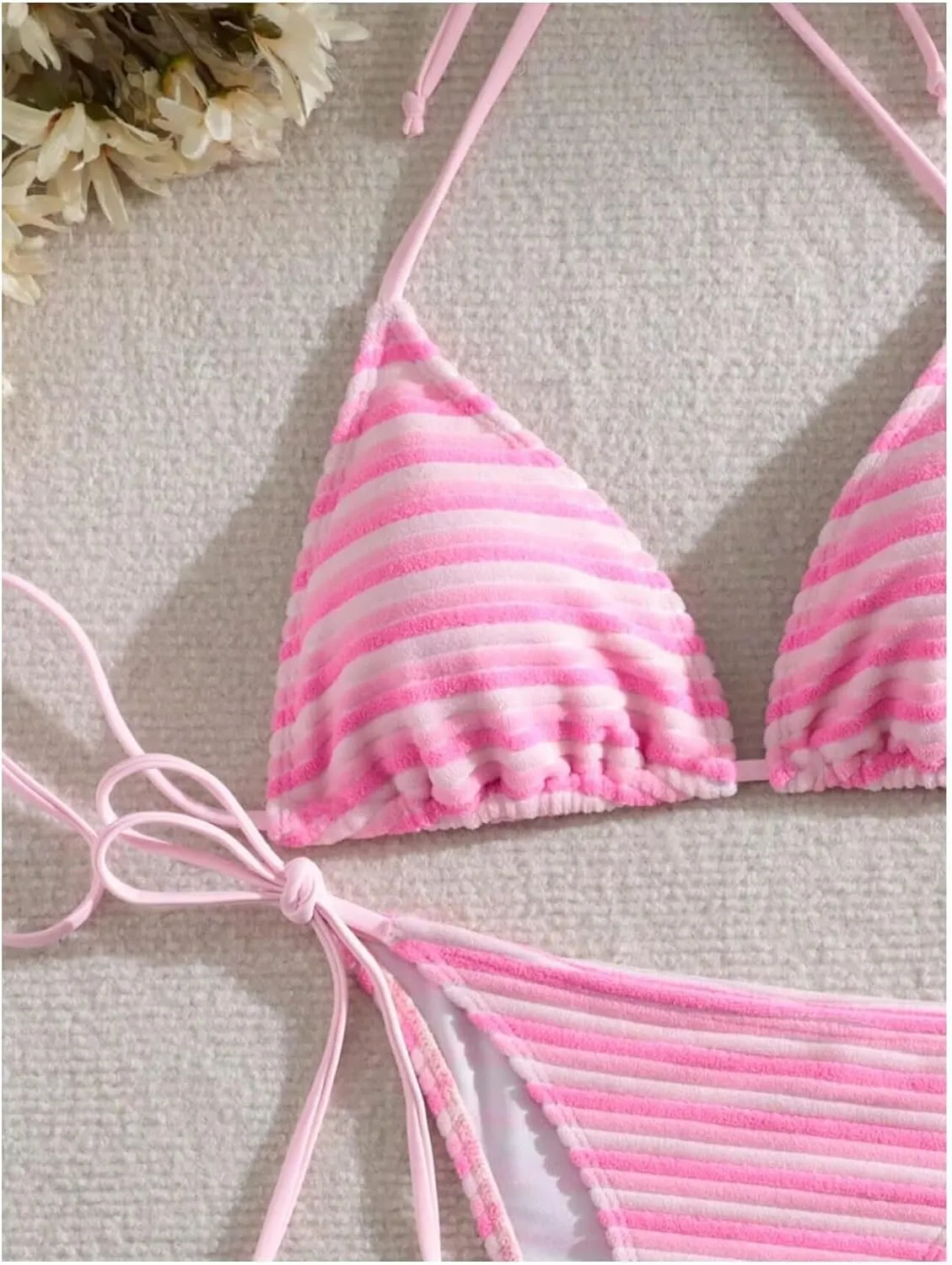 Women's Striped Knot Bathing Suit High Waisted Halter Triangle Swimsuit Bikini Set