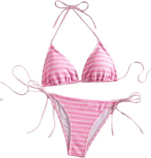 Women's Striped Knot Bathing Suit High Waisted Halter Triangle Swimsuit Bikini Set