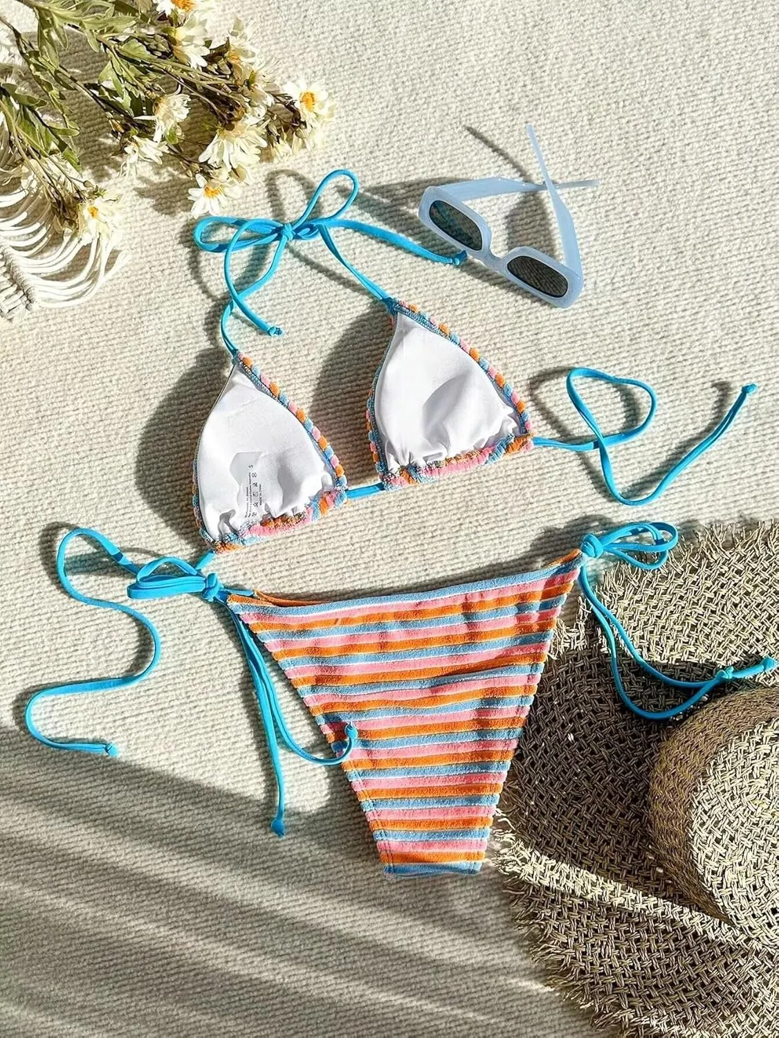 Women's Striped Knot Bathing Suit High Waisted Halter Triangle Swimsuit Bikini Set