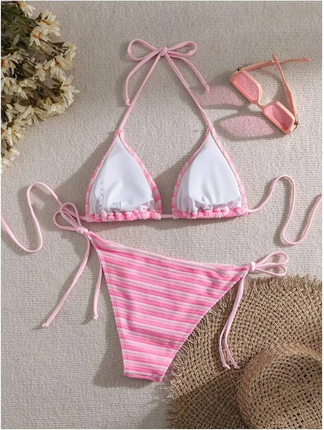 Women's Striped Knot Bathing Suit High Waisted Halter Triangle Swimsuit Bikini Set