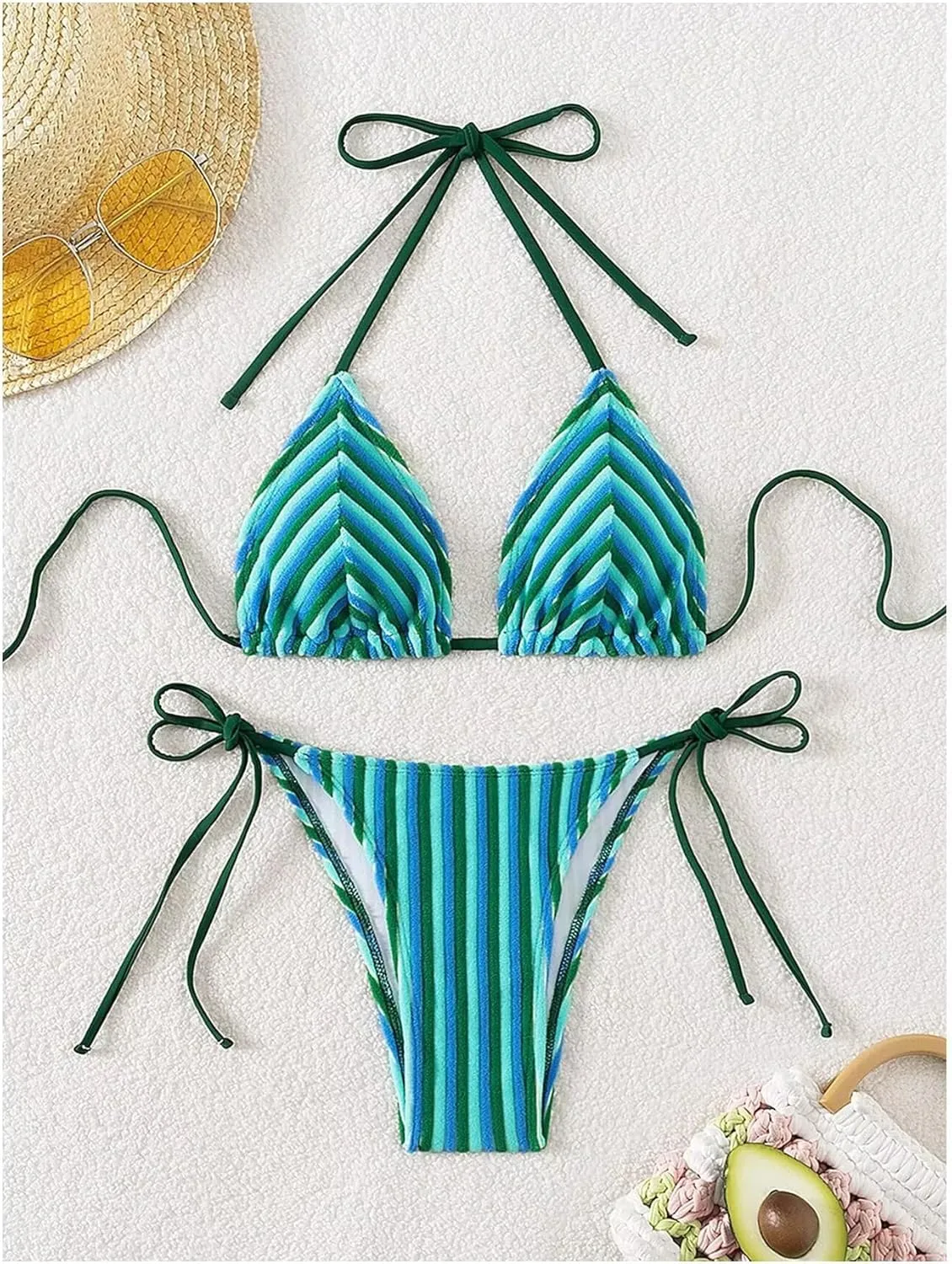 Women's Striped Knot Bathing Suit High Waisted Halter Triangle Swimsuit Bikini Set
